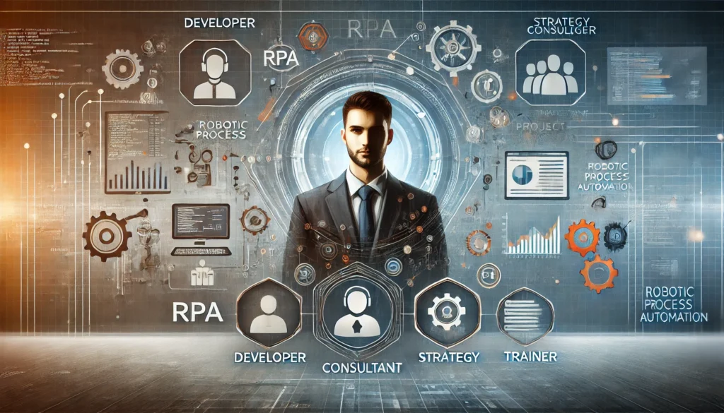 A conceptual banner image depicting career options for RPA (Robotic Process Automation) professionals. The image features a central figure, an RPA pro