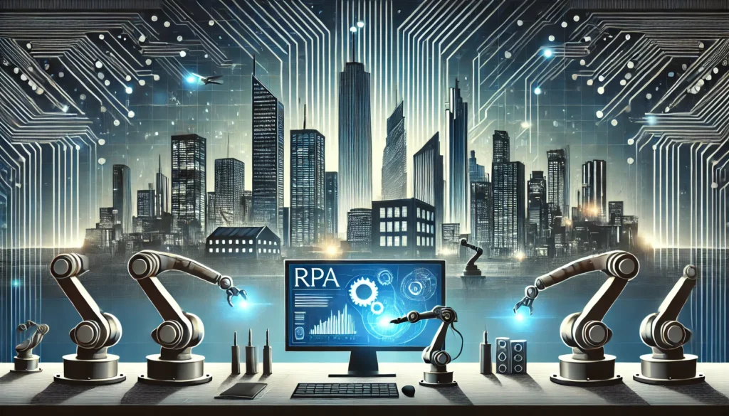 RPA (Robotic Process Automation) trends. The design features a futuristic cityscape background with skys